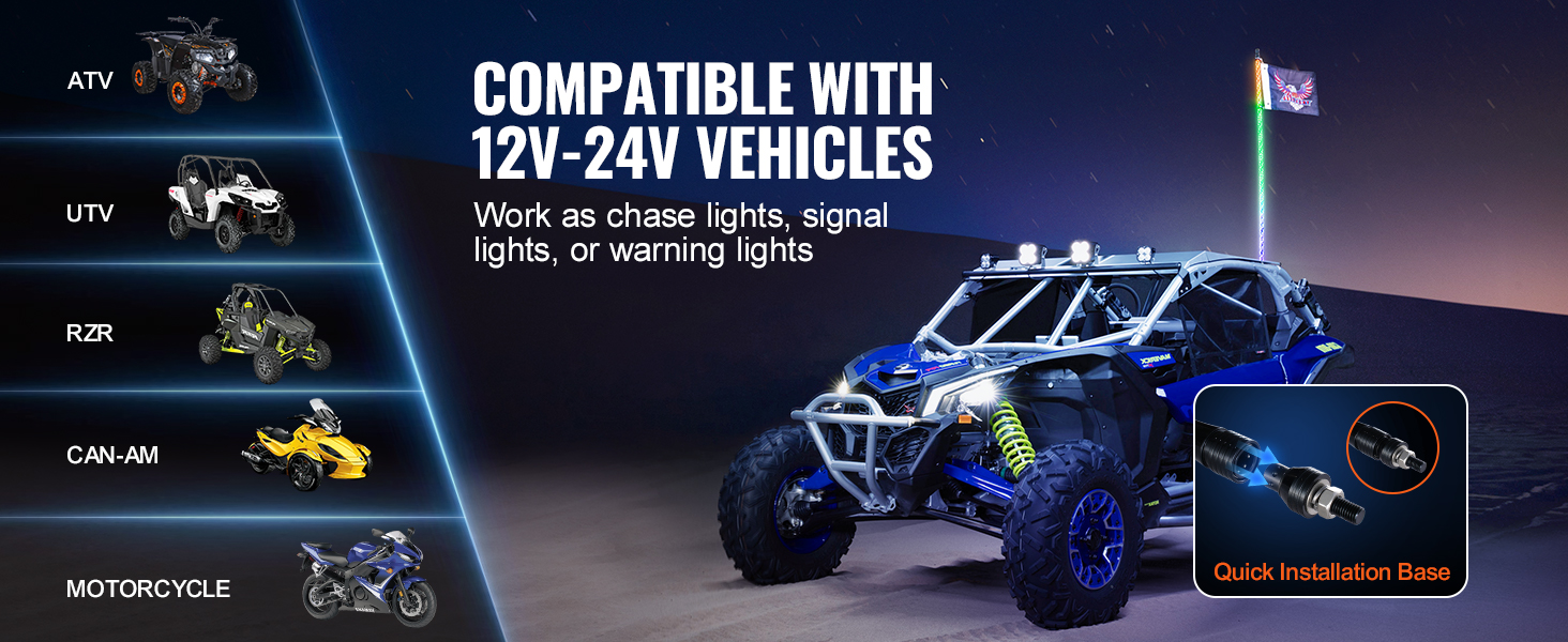 atv, utv, rzr, can-am, and motorcycle with VEVOR led whip light compatible with 12v-24v vehicles.