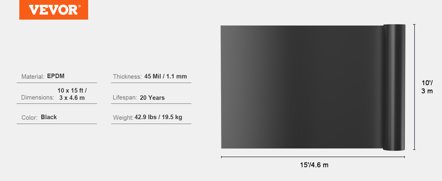 VEVOR pond liner epdm 10x15ft, 45 mil thick, black, with 20-year lifespan.