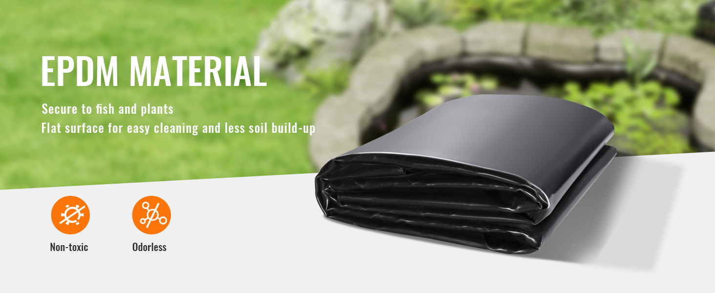 epdm material VEVOR pond liner, non-toxic, odorless, secure for fish and plants, easy to clean.