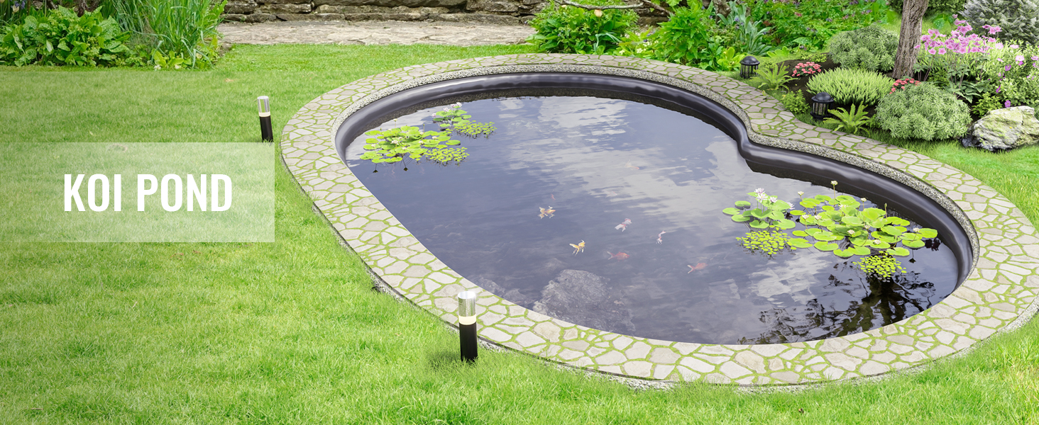 koi pond with lily pads and greenery, lined with VEVOR pond liner, surrounded by landscaped garden.