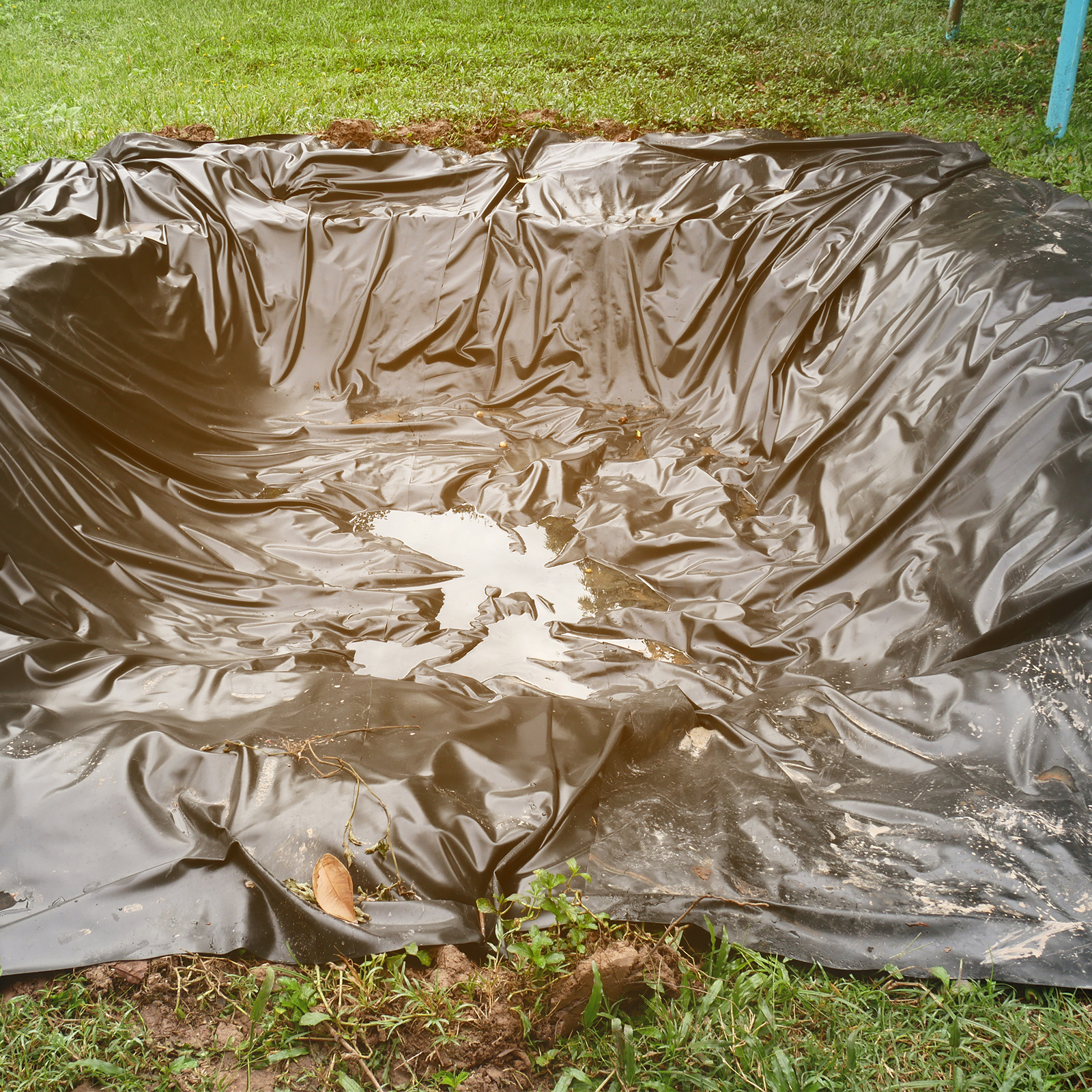 black VEVOR pond liner placed in a garden with some water accumulation and surrounding green grass.