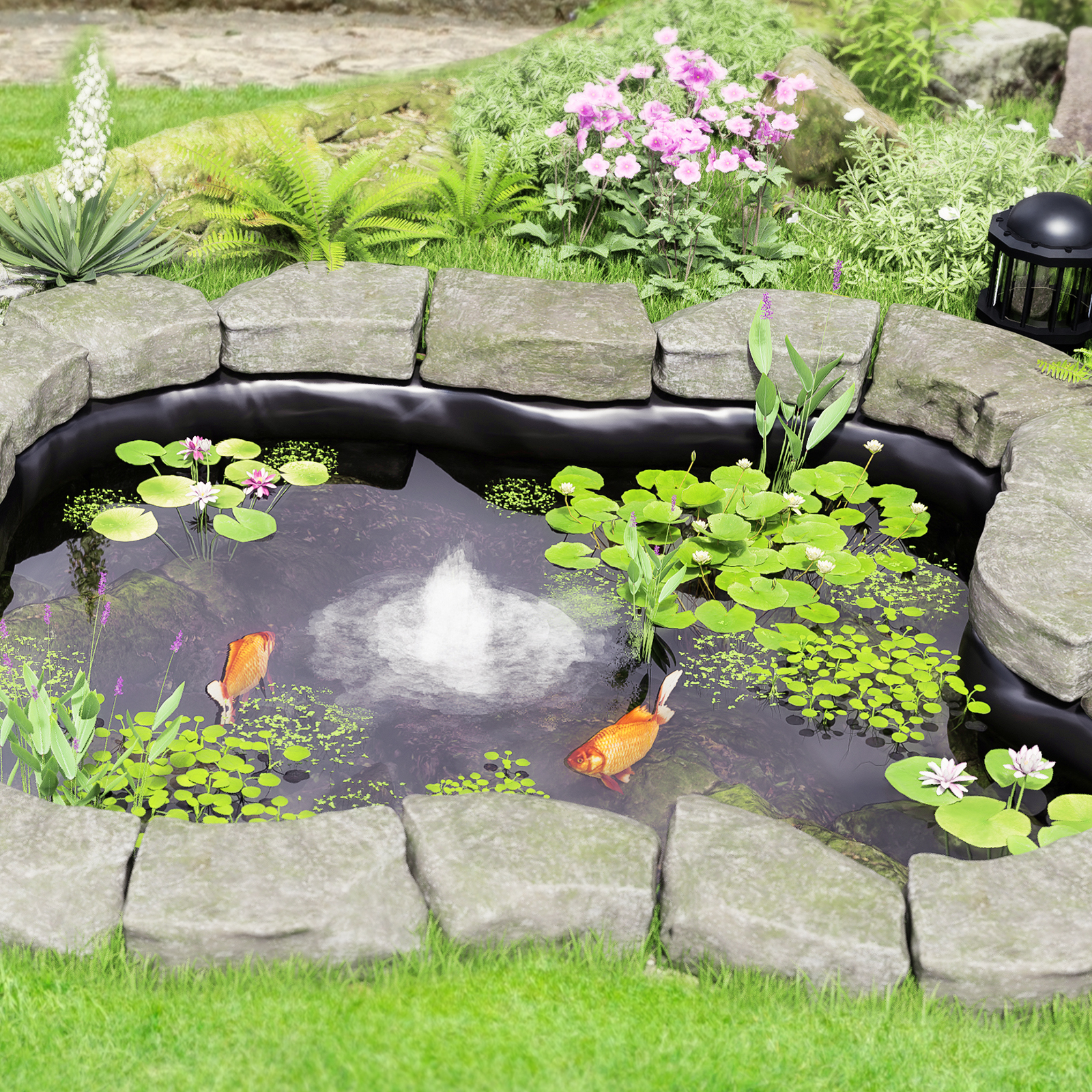 garden pond with VEVOR pond liner, water lilies, goldfish, fountain, stone border, and surrounding plants.
