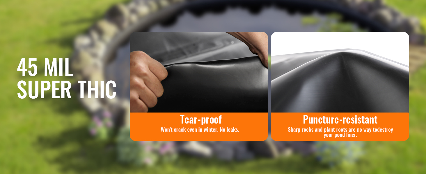 VEVOR pond liner 45 mil, tear-proof, puncture-resistant, perfect for protecting ponds from leaks.