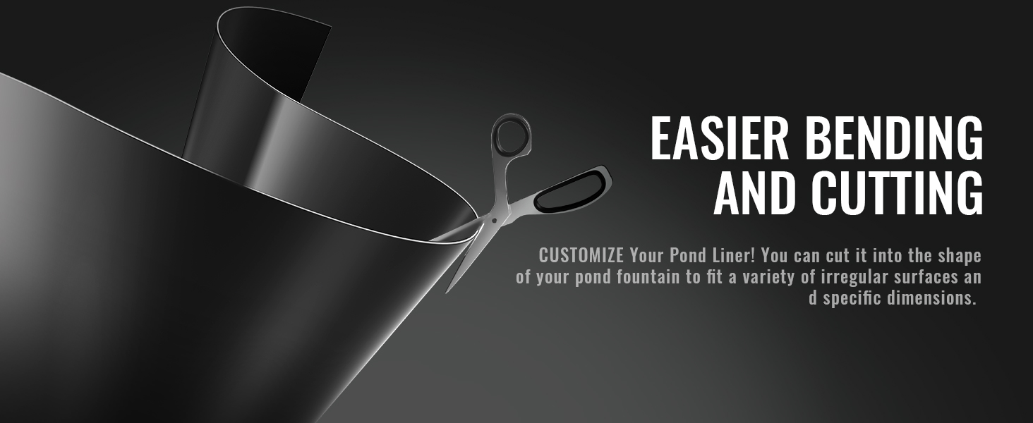 scissors cutting a flexible, black VEVOR pond liner for easier customization.