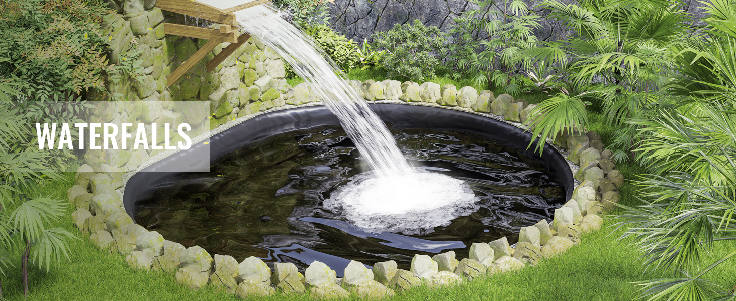 waterfall pouring into a round pond surrounded by rocks and lush greenery using VEVOR pond liner.
