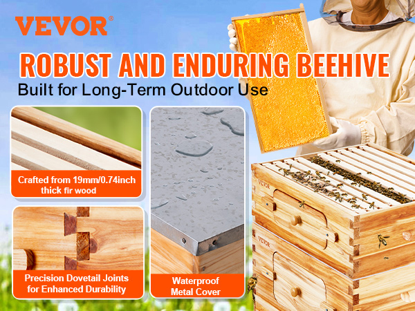VEVOR bee hive starter kit crafted from cedar wood with dovetail joints, metal cover, and honeycomb frame.