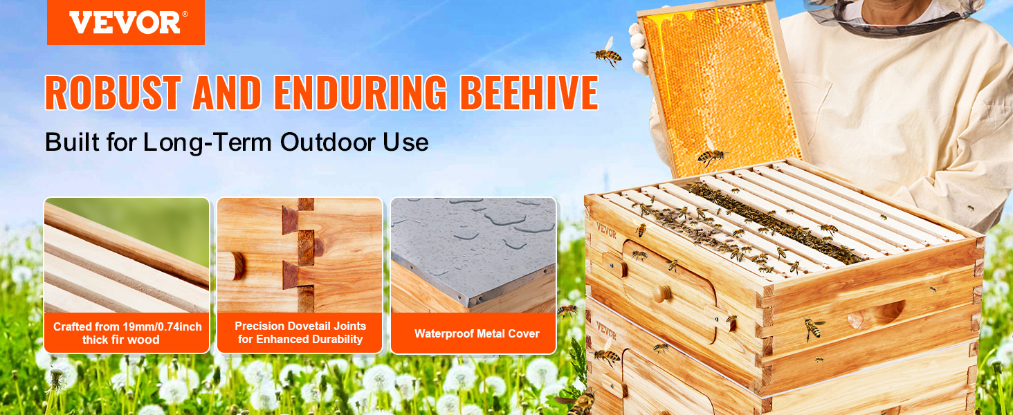VEVOR bee hive starter kit crafted from cedar wood with dovetail joints, metal cover, and honeycomb frame.