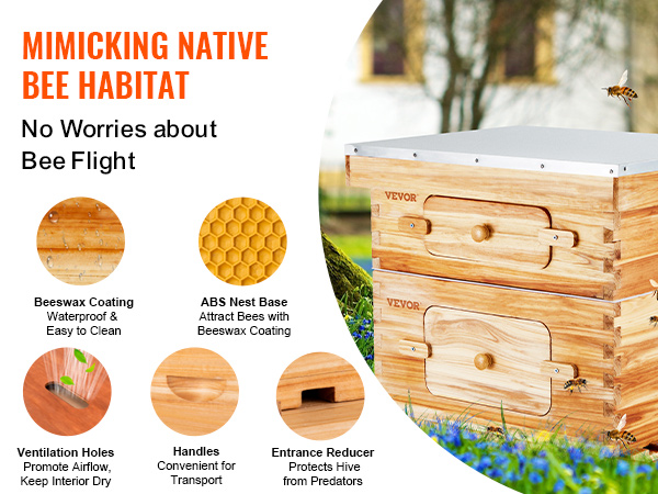 VEVOR bee hive starter kit with beeswax coating, entrance reducer, ventilation holes, and abs nest base.