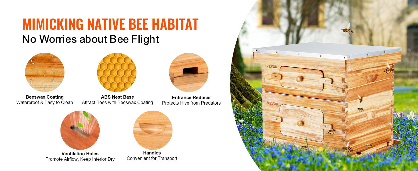 VEVOR bee hive starter kit with beeswax coating, entrance reducer, ventilation holes, and abs nest base.