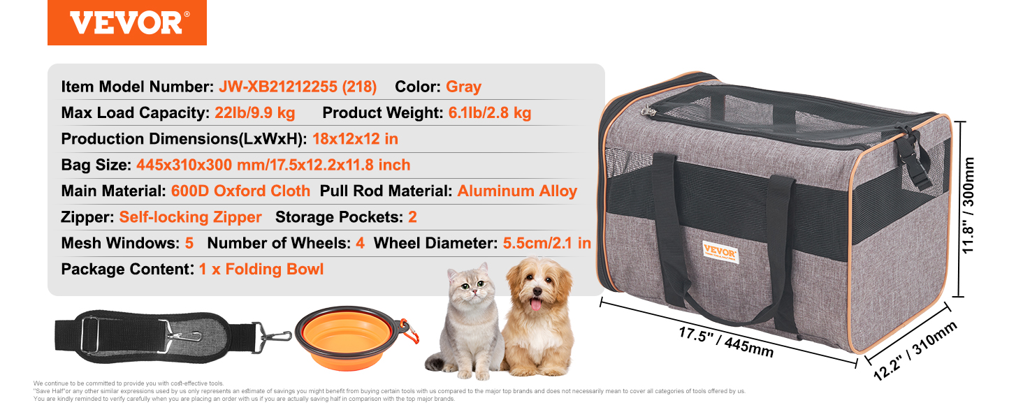 VEVOR cat carrier with wheels, gray, 600d oxford cloth, self-locking zipper, foldable bowl, mesh windows.