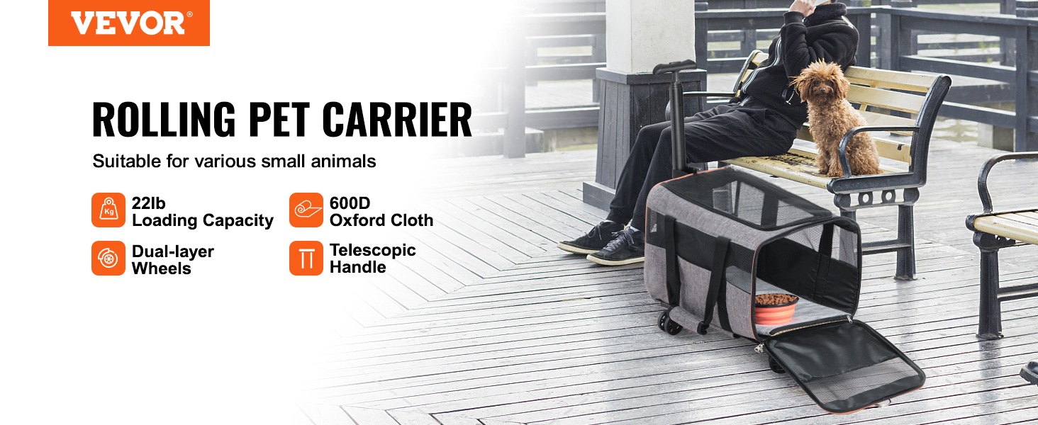 VEVOR cat carrier with wheels is ideal for small animals, featuring 22lb capacity and 600d oxford cloth.
