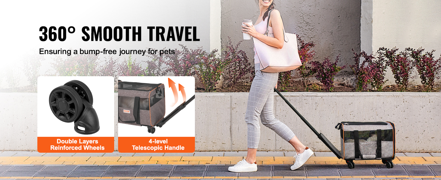 woman pulling VEVOR cat carrier with wheels; double layers reinforced wheels, 4-level telescopic handle.