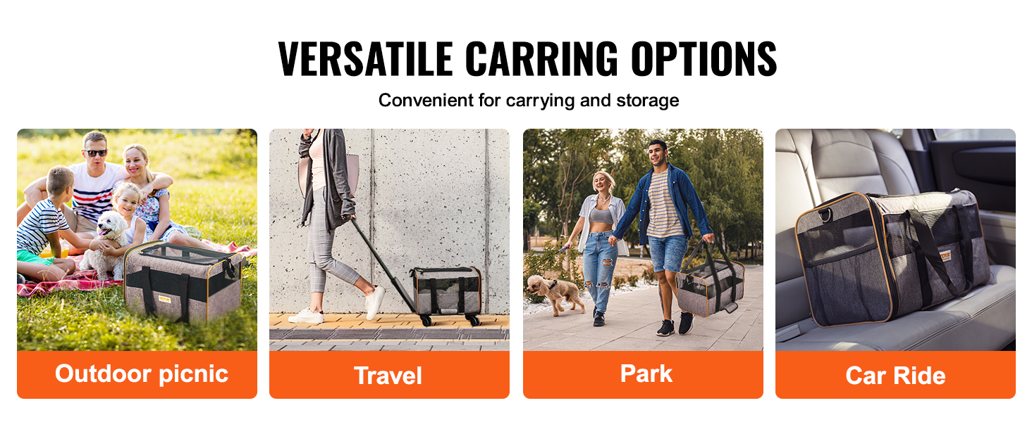 VEVOR cat carrier with wheels: versatile for outdoor picnics, travel, park visits, and car rides.