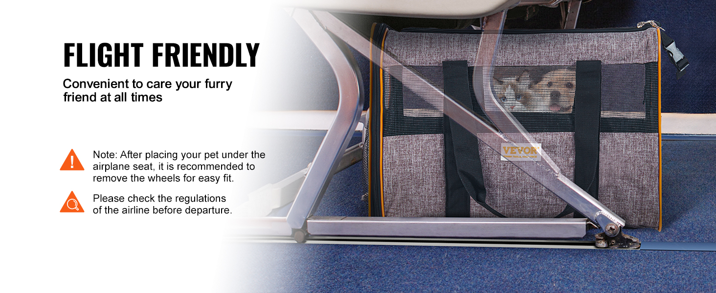 VEVOR cat carrier with wheels under airplane seat, suitable for flight travel with pets.