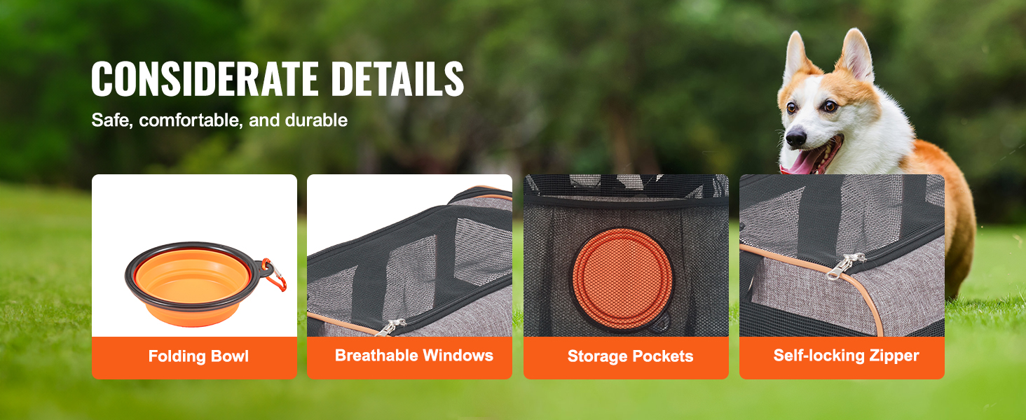 VEVOR cat carrier with wheels showcasing folding bowl, breathable windows, storage pockets, and self-locking zipper.
