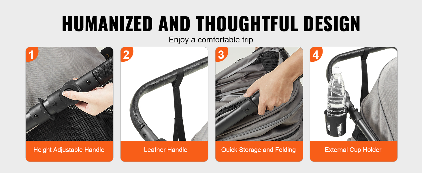 VEVOR pet stroller features adjustable handle, leather grip, quick storage, and external cup holder.