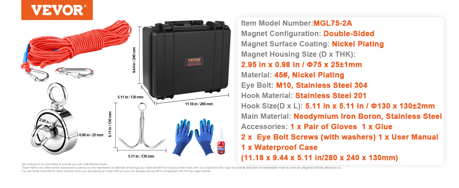 VEVOR magnet fishing kit with double-sided magnet, rope, carabiners, gloves, hook, case, and glue.