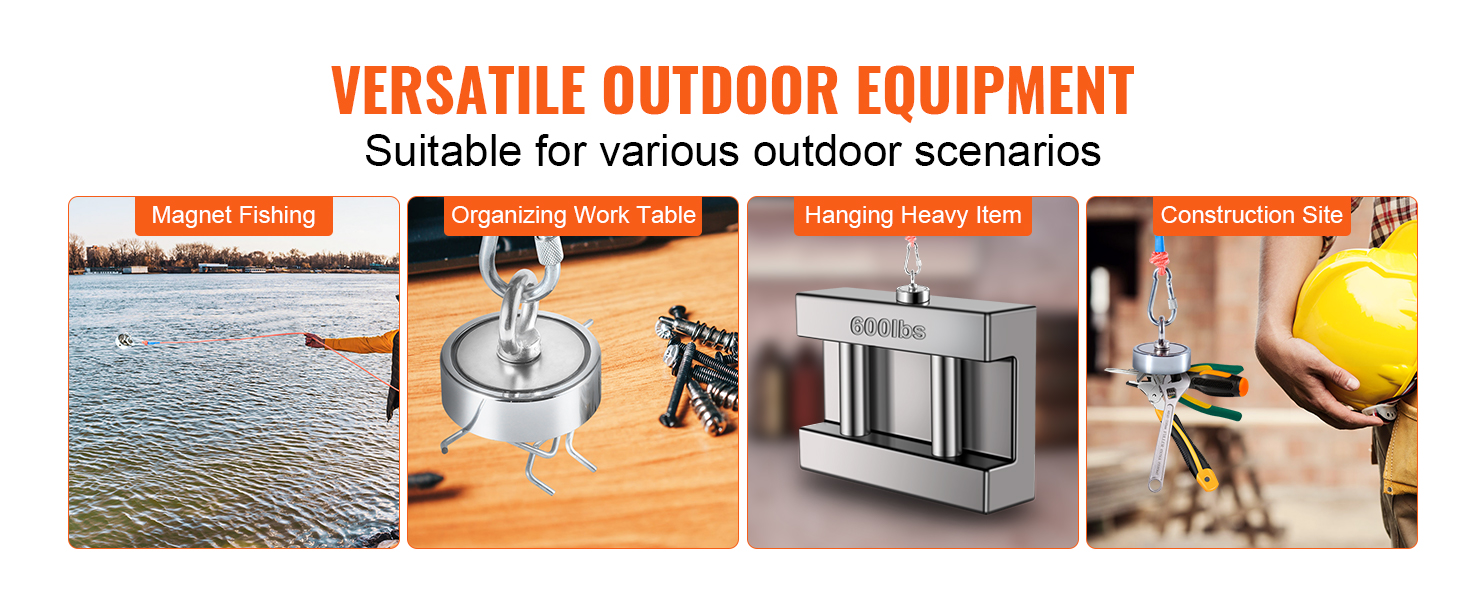 versatile outdoor equipment showcasing magnet fishing, organizing work table, hanging heavy item, and construction site applications.