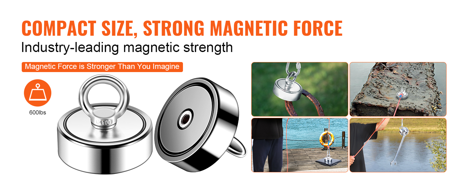 compact VEVOR magnet fishing kit showcasing strong magnetic force, pulling objects from water, 600lbs capacity.