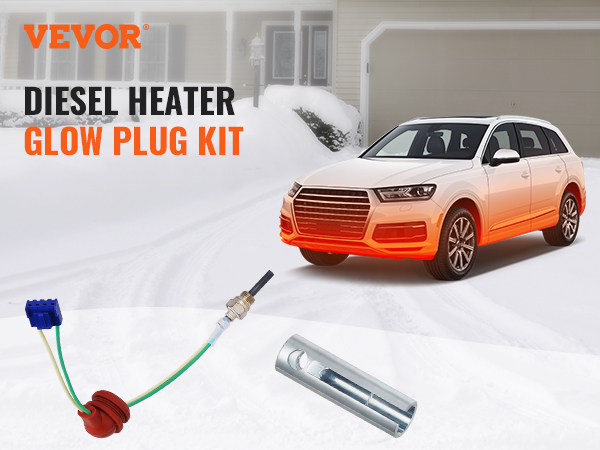 Kit di riparazione del riscaldatore diesel VEVOR, candeletta, auto nel vialetto innevato, casa sullo sfondo.