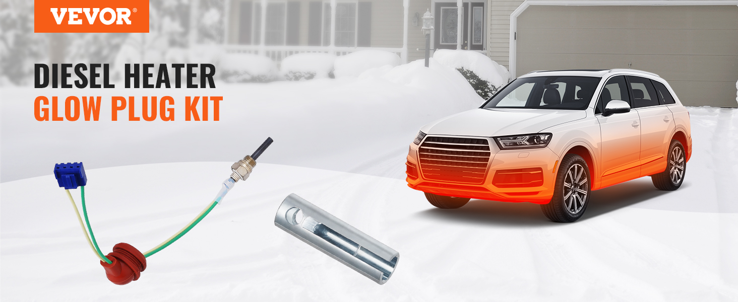 Kit di riparazione del riscaldatore diesel VEVOR, candeletta, auto nel vialetto innevato, casa sullo sfondo.