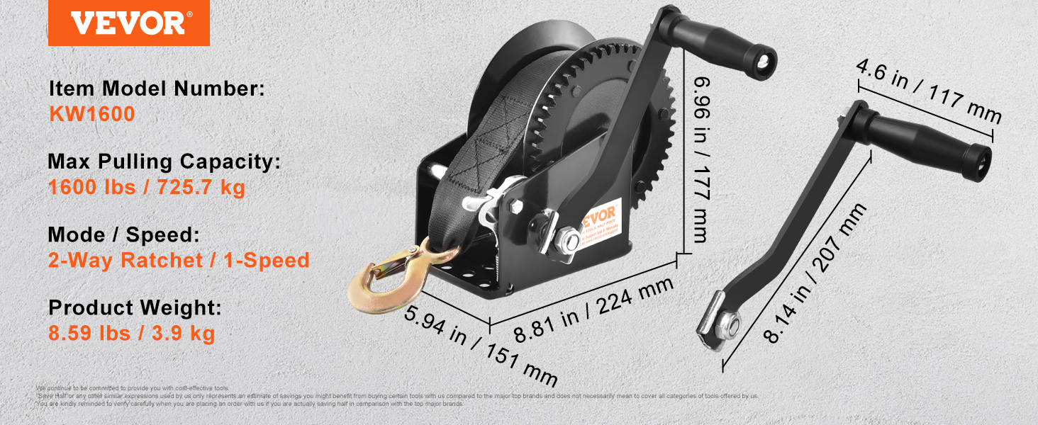 VEVOR Hand Winch, 2000 lbs Pulling Capacity, Boat Trailer Winch Heavy Duty Rope Crank with 23 ft Polyester Strap and Two-Way Ratchet, Manual Operated Hand Crank Winch for Trailer, Boat or ATV Towing main image 0