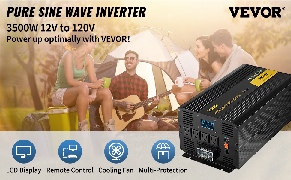VEVOR pure sine wave inverter ad with camping scene, showing 3500w 12v-120v benefits.