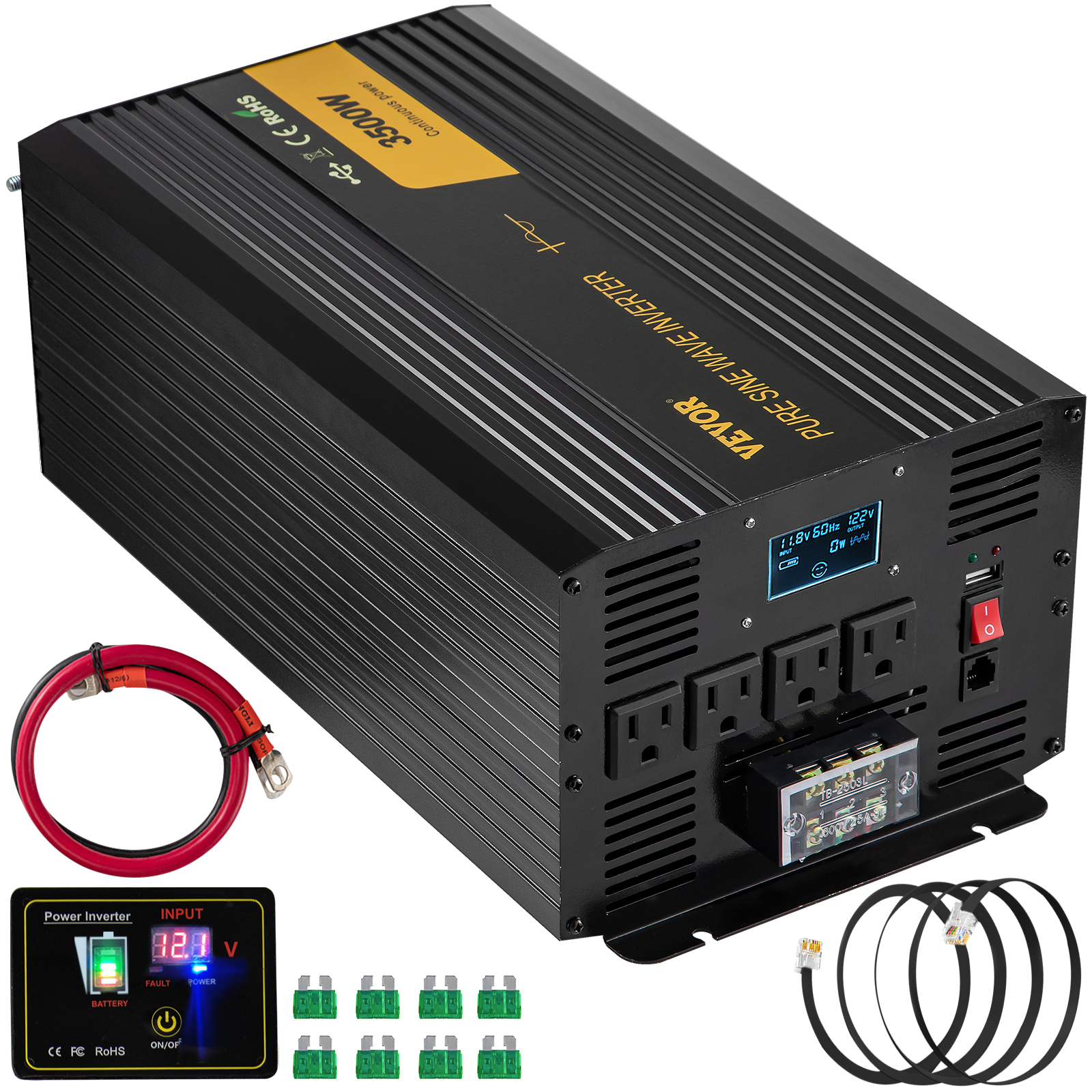 VEVOR pure sine wave inverter with power display, cables, and fuses included.