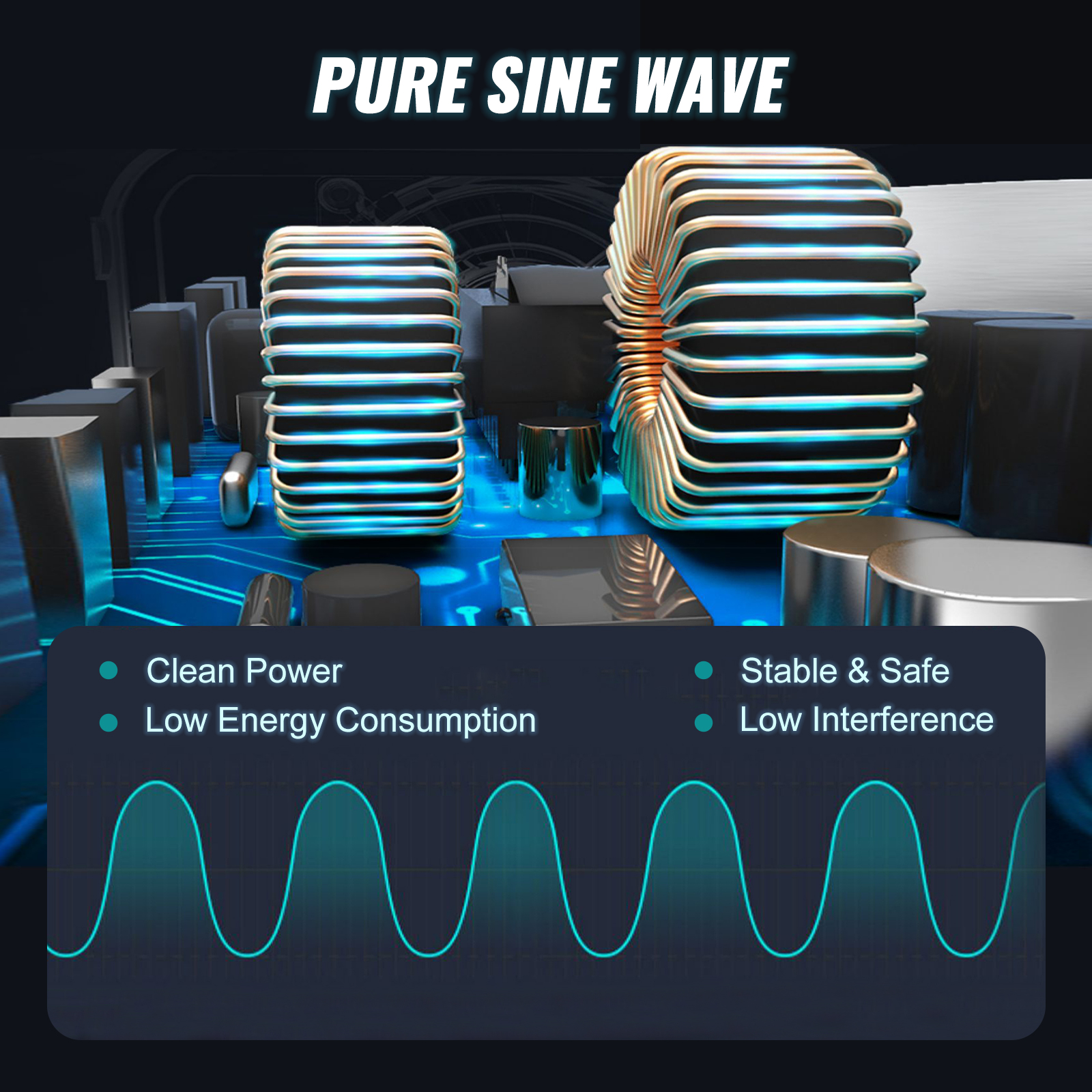 VEVOR pure sine wave inverter showcasing clean power, low energy consumption, stability, and safety.