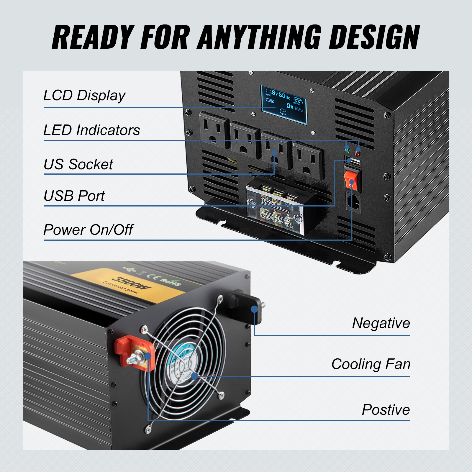 VEVOR pure sine wave inverter with lcd, led indicators, usb port, and cooling fan.