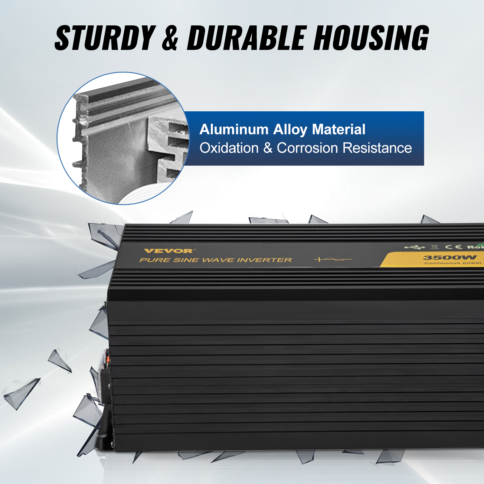 VEVOR pure sine wave inverter with aluminum alloy material, sturdy and durable housing.