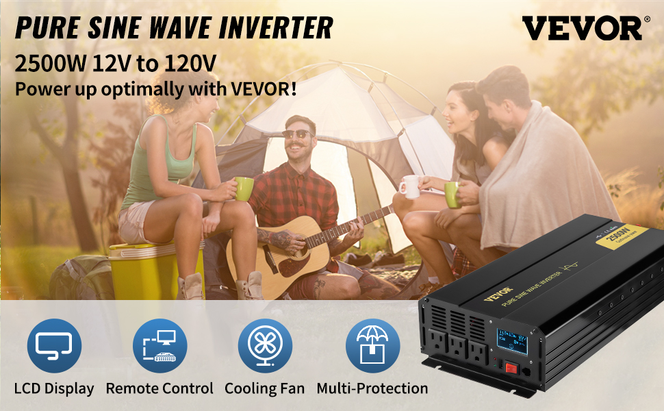 VEVOR pure sine wave inverter 2500w 12v to 120v with camping scene and key features icons.