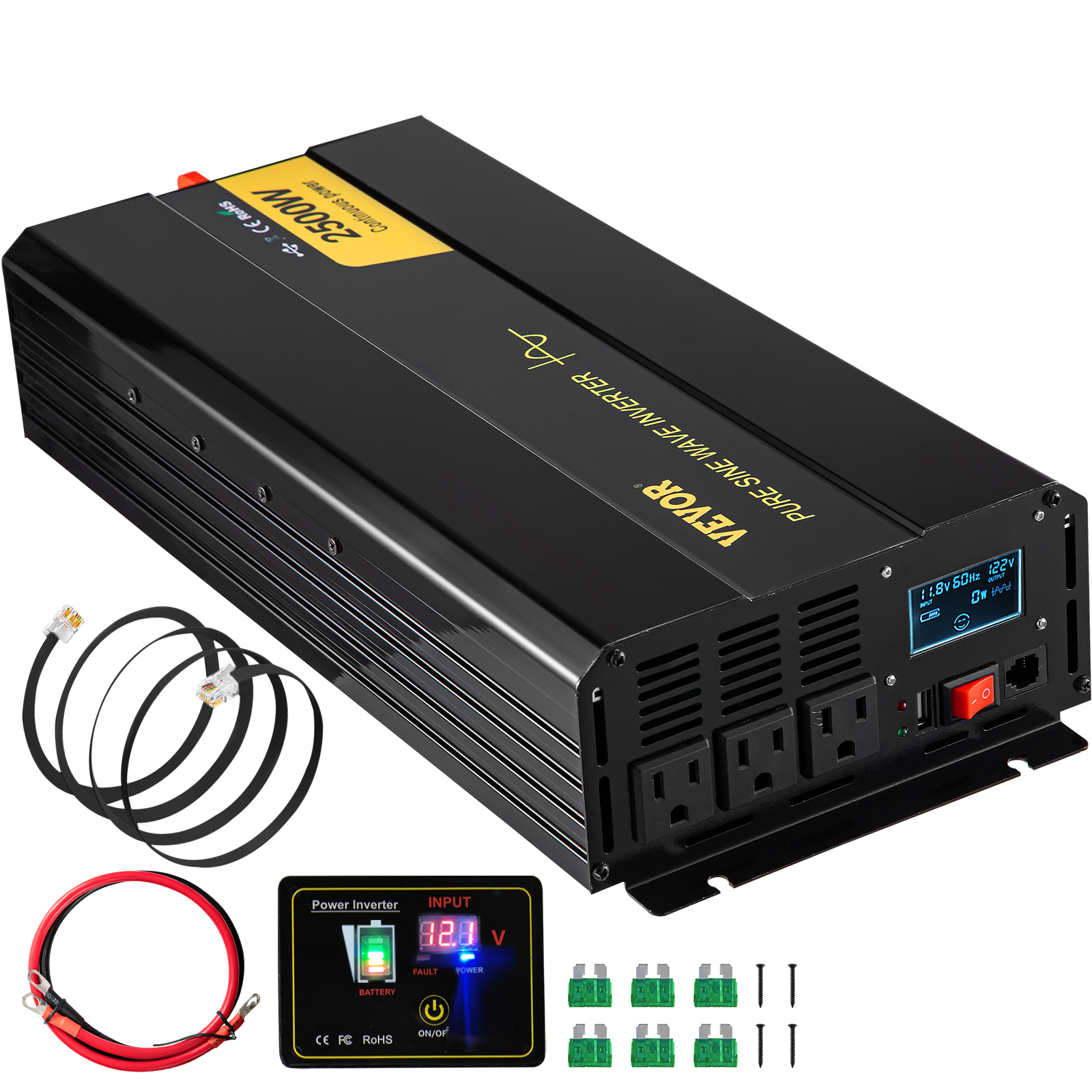 VEVOR pure sine wave inverter with lcd display and accessory cables.