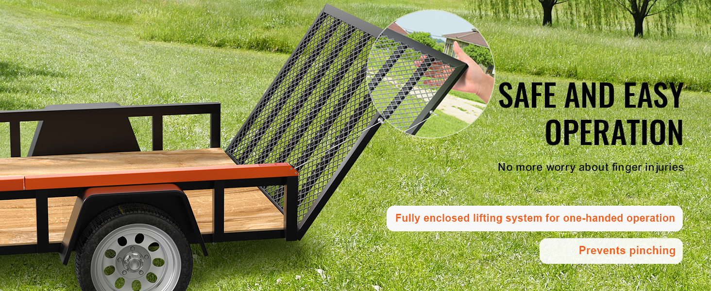 trailer with VEVOR trailer tailgate lift assist, showcasing easy one-handed operation on green lawn.