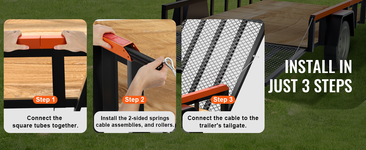 three-step installation of VEVOR trailer tailgate lift assist using square tubes, springs, and cable assembly.