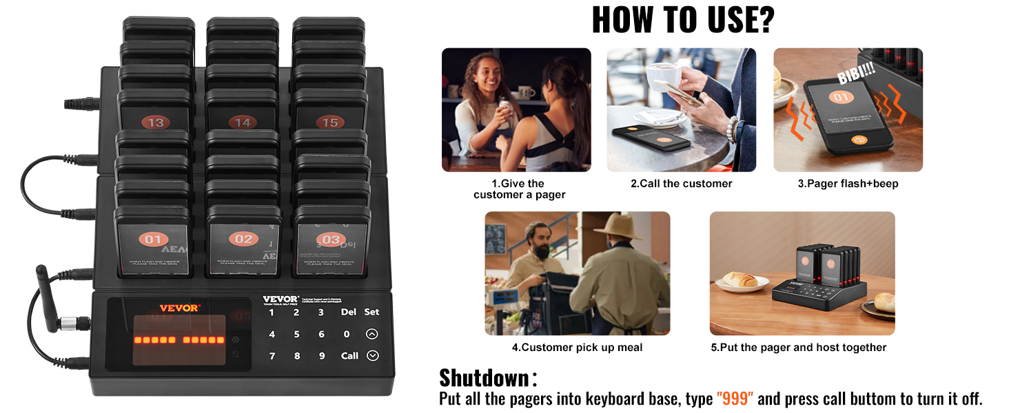 VEVOR Restaurant Pager System, Wireless 400m Long Range Lineup Waiting ...