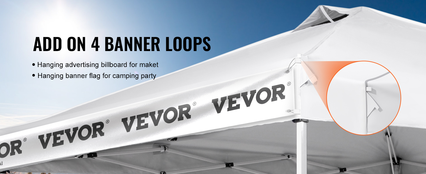 Тент VEVOR pop up з банерними петлями для підвішування реклами та прапорів під чистим блакитним небом.