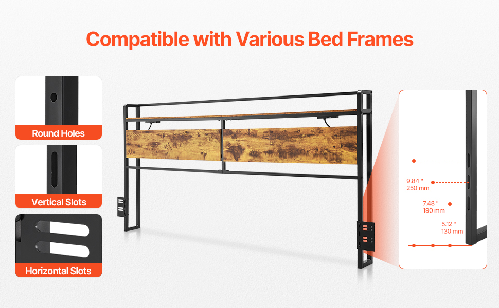 VEVOR Headboard For King Size Bed Head Board With 2 Shelves & LED Light Black