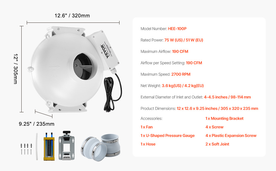 Ventilateur De Conduit 4 Pouces 195 CFM IPower – Régulateur De Vitesse Inclus – Parfait Pour Tente De Culture