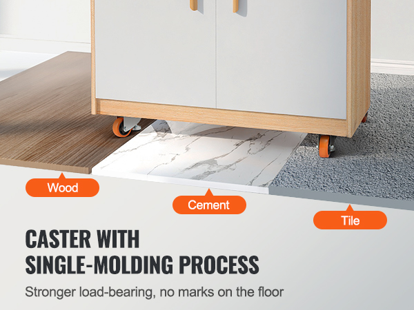 VEVOR leveling casters demonstrating load-bearing on wood, cement, and tile without floor marks.