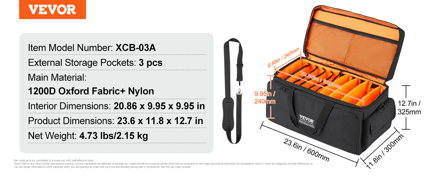 VEVOR dj cable bag made of 1200d oxford fabric with 4 external pockets, 23.6 x 11.8 x 12.7 inches.