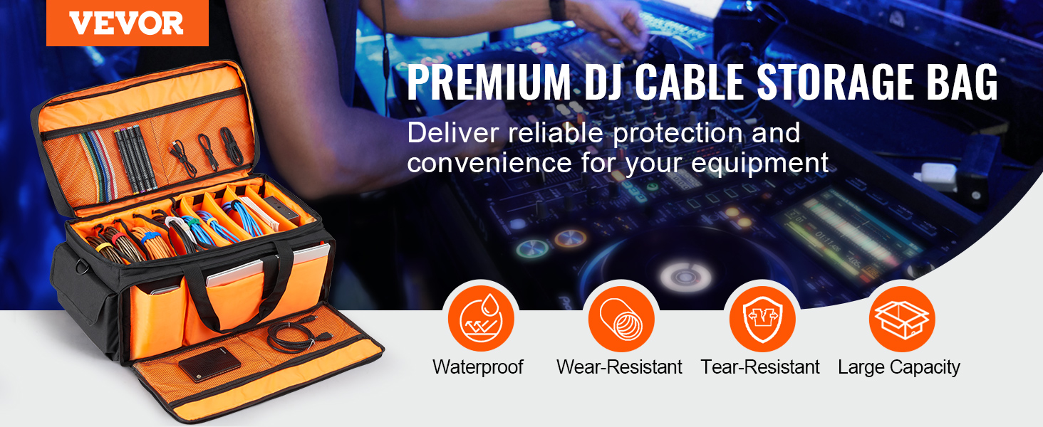 VEVOR dj cable bag with compartments, showcasing waterproof, wear-resistant, large capacity features.
