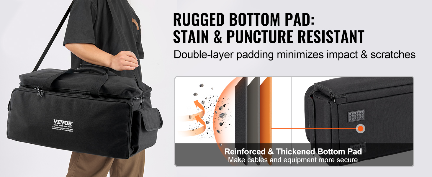 man carrying VEVOR dj cable bag showcasing rugged, stain and puncture-resistant bottom pad.
