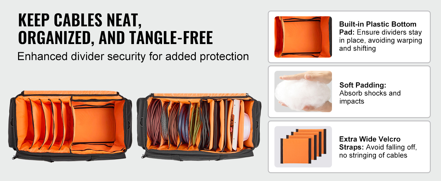 VEVOR dj cable bag with dividers, sponge padding, and velcro straps for organized cable storage.