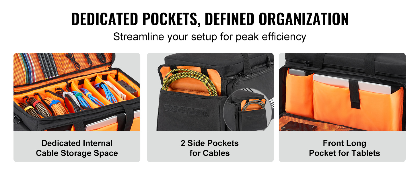 VEVOR dj cable bag with internal cable storage, side pockets, tablet pocket, console compartment.