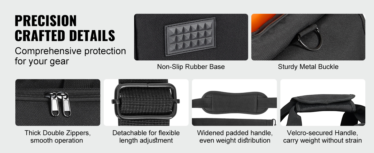 VEVOR dj cable bag showcasing non-slip rubber base, sturdy metal buckle, and thick double zippers.