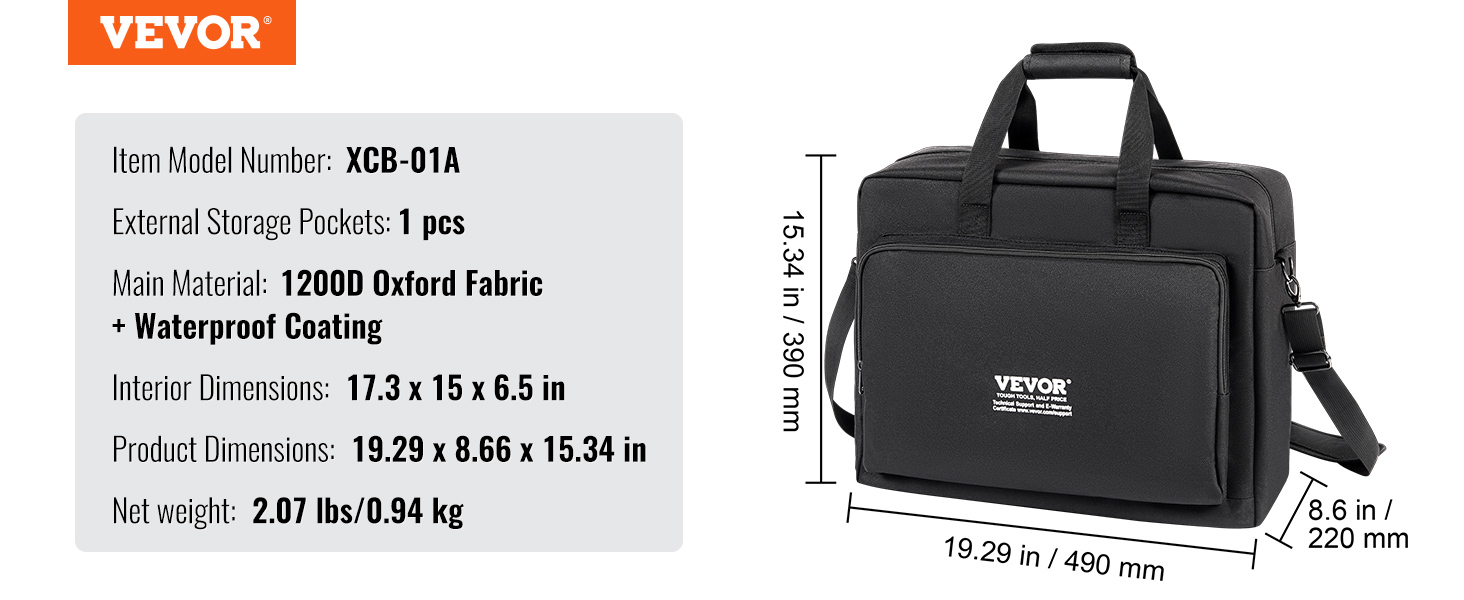 VEVOR dj mixer bag with 1200d oxford fabric and waterproof coating, dimensions 19.29 x 8.66 x 15.34 in.