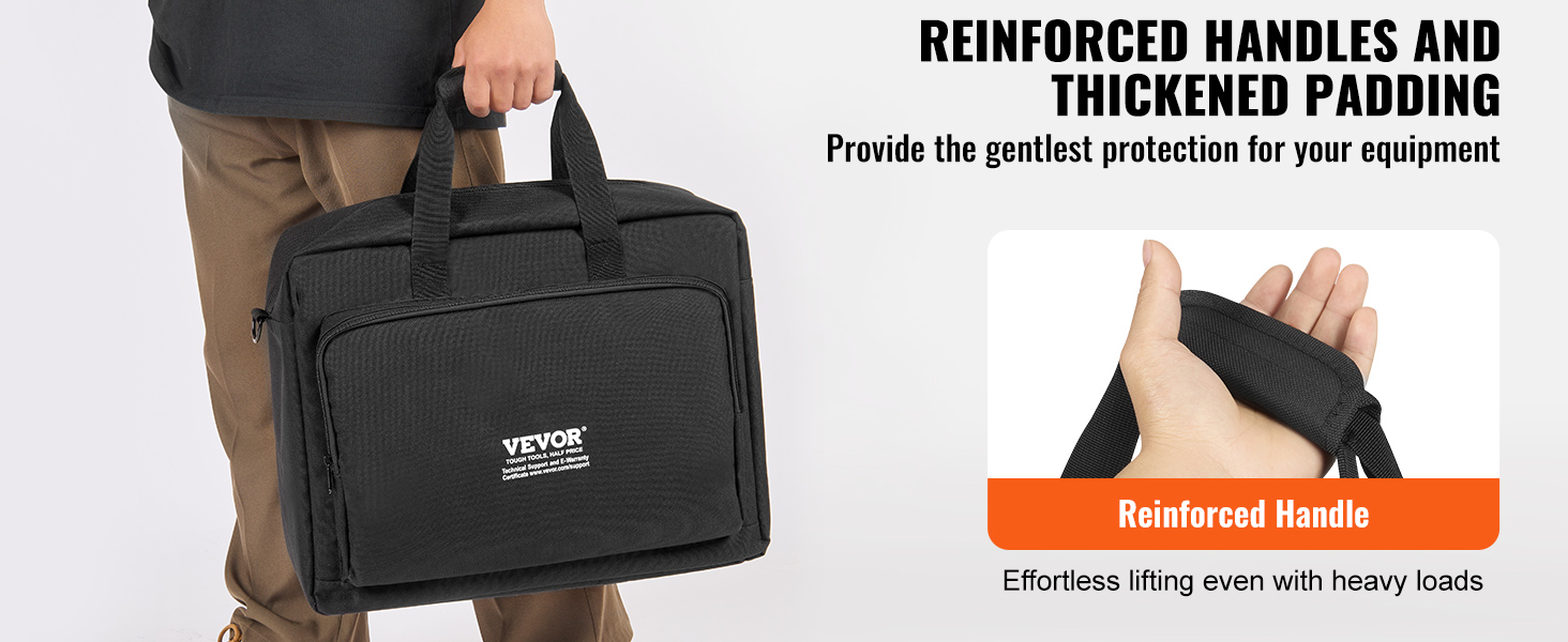 person holding a black VEVOR dj mixer bag, showcasing reinforced handles and thickened padding.