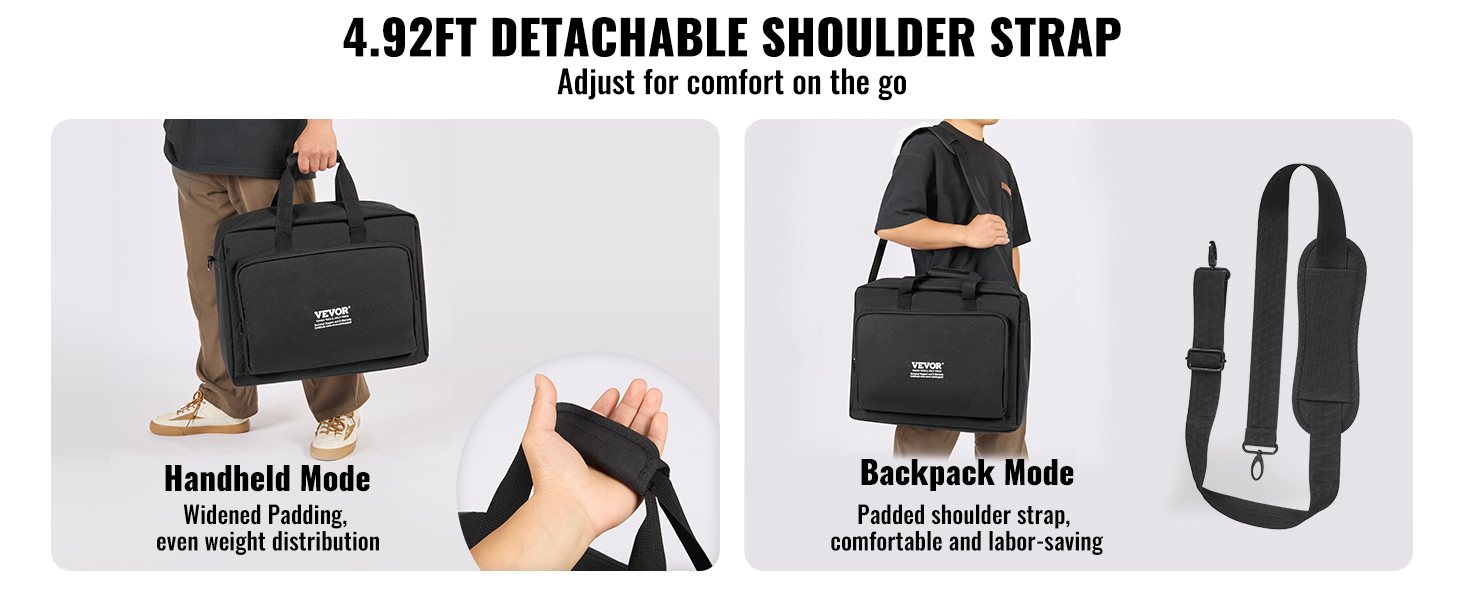 VEVOR dj mixer bag with 4.92ft detachable shoulder strap, handheld and backpack modes for comfort.
