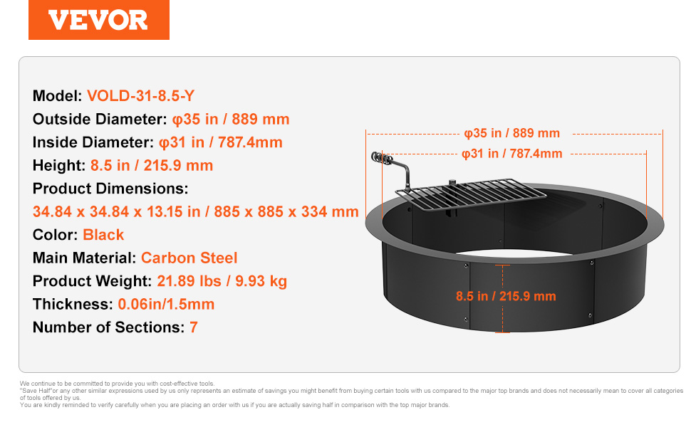 VEVOR fire pit ring, black carbon steel, 35" outside diameter, 8.5" height, and 7 sections.